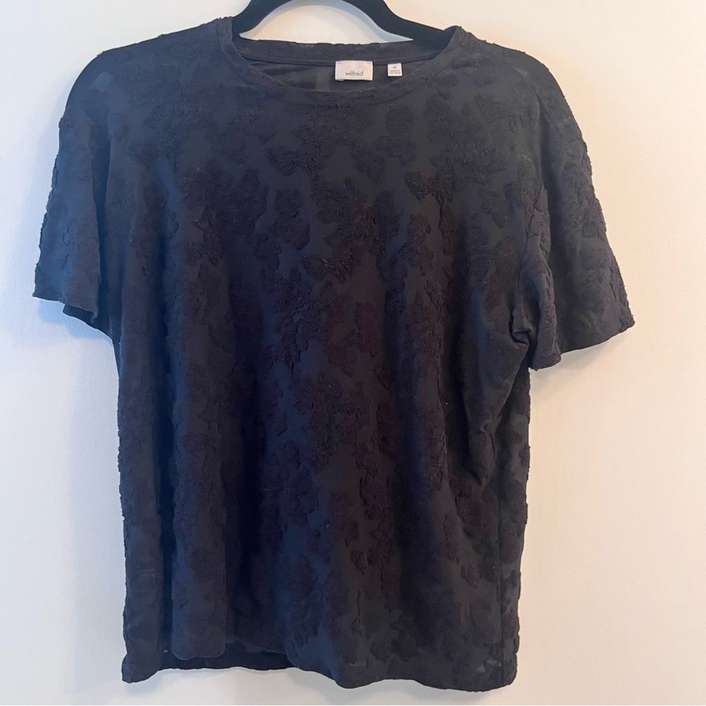 Aritzia Wilfred Black Sheer Top with Embroidered Floral Detailing Size Medium